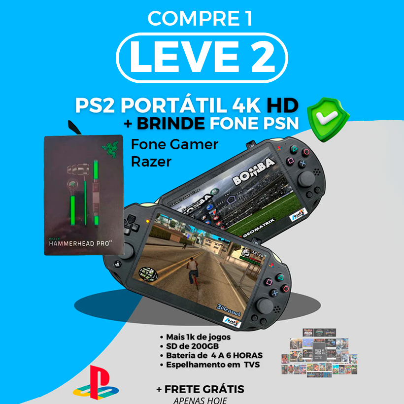 (compre 1 e LEVE 2) PS2 Portátil Hd- Todos os jogos da infância na palma da sua mão + Fone RAZER + FONE PSN + PEN DRIVE COM 1000 JOGOS DE BRINDE !