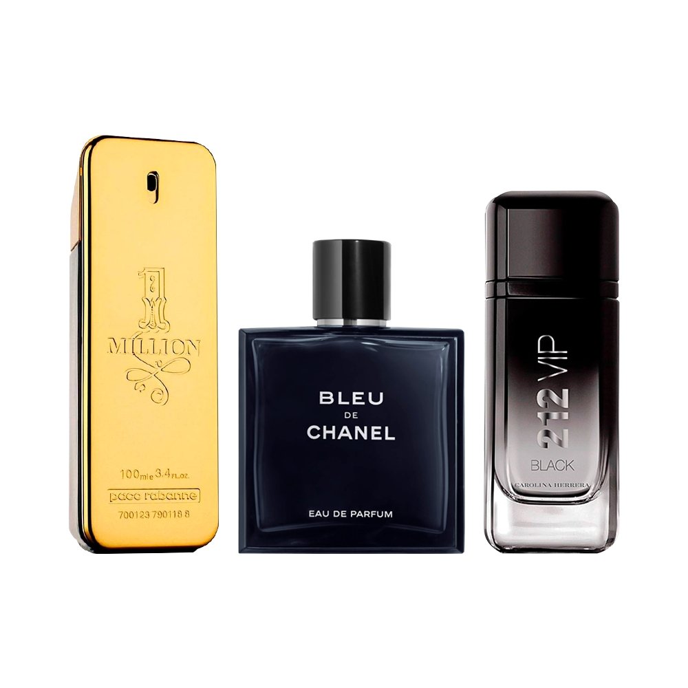 Combo de 3 Perfumes Masculinos -  1 Million, Bleu de Chanel e 212 VIP Black